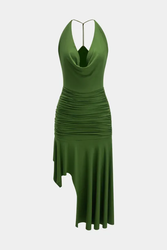 Ruched Asymmetrical Cowl Neck Sleeveless Midi Dress sold by Micas