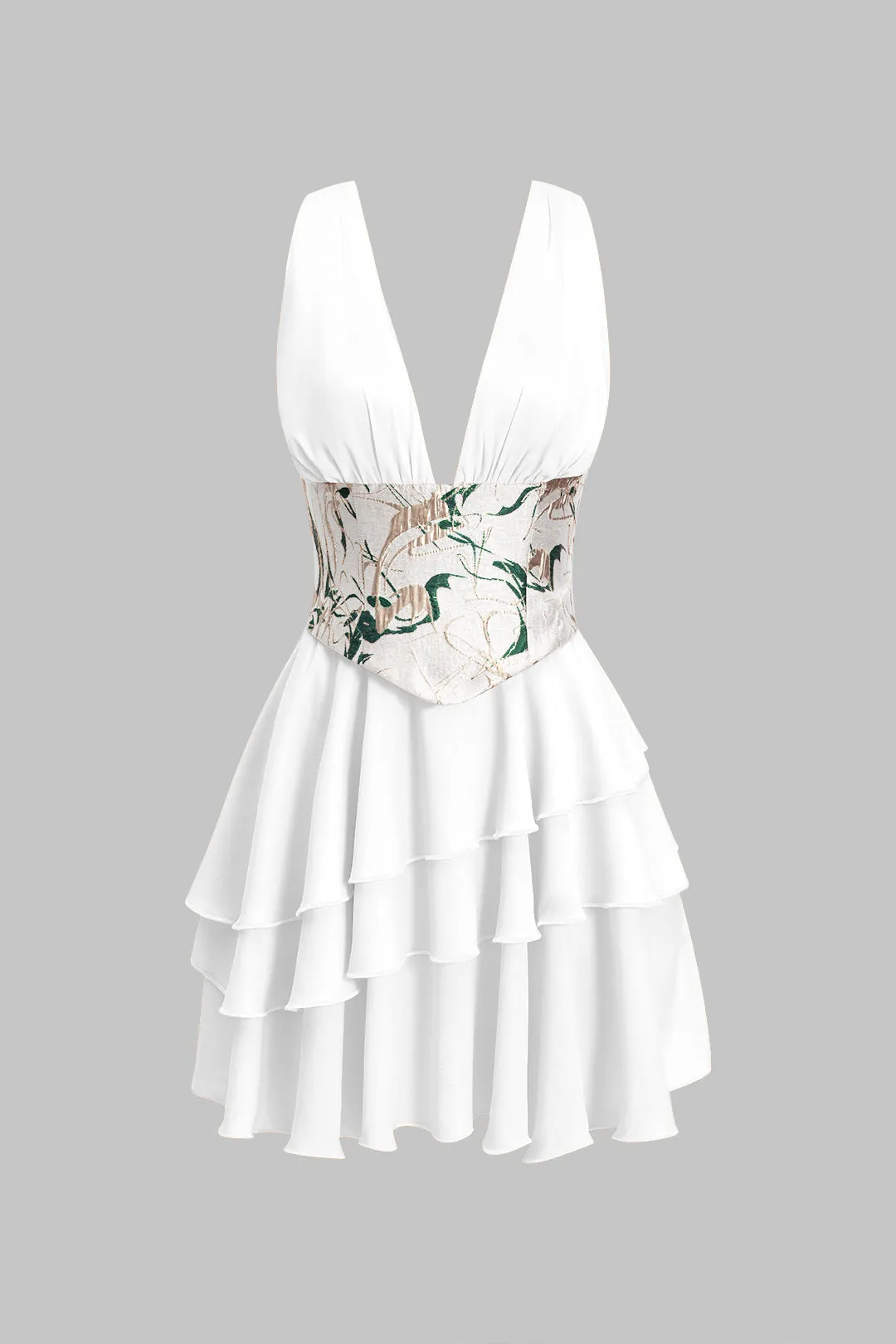 Chiffon ruffle patchwork ærmeløs V-hals asymmetrisk korset talje mini kjole sold by Micas