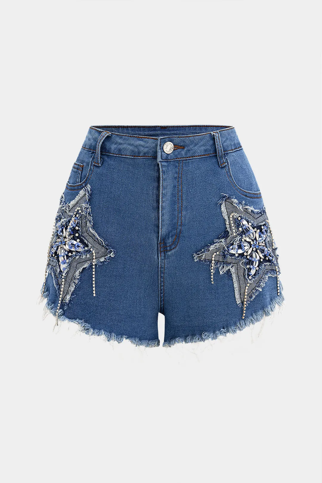 Denim rhinestone flossede low talje shorts sold by Micas