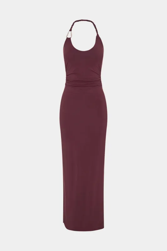 Metallisk indretning halter hals twist knude ærmeløs maxi kjole sold by Micas