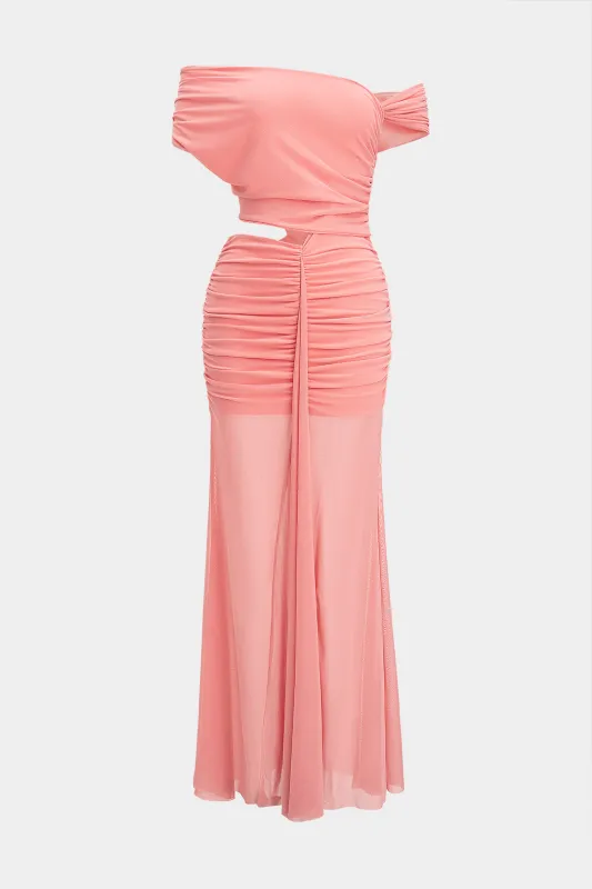 Mesh skåret ud ruched asymmetrisk maxi kjole sold by Micas