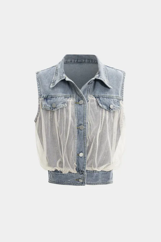 Denim Button Contrast Mesh Patchwork Vest sold by Micas