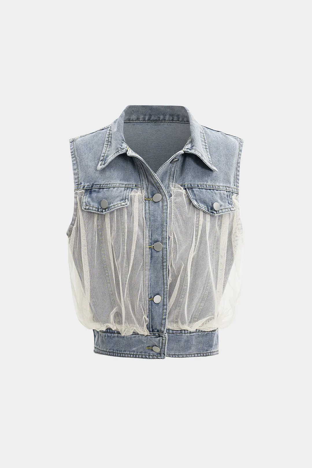 Denim Button Contrast Mesh Patchwork Vest sold by Micas