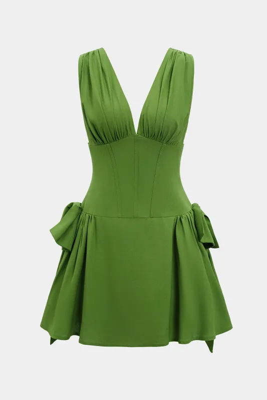 Linen Bow V-Neck Ruched Sleeveless Mini Dress sold by Micas