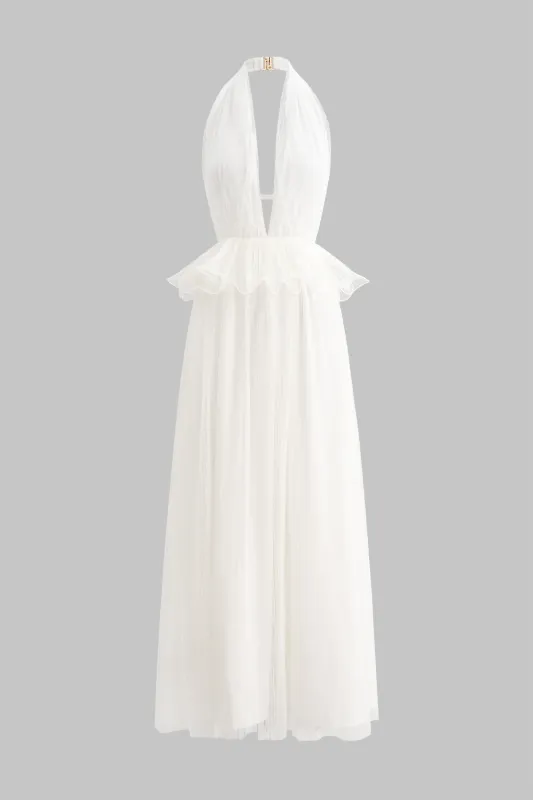 Mesh Halter Neck V-Neck Ruched Rackless Sleeveless Maxi Dress sold by Micas