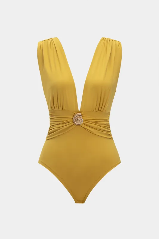 Metallic Decor Ruched V-Neck Sleeveless Bodysuit sold by Micas