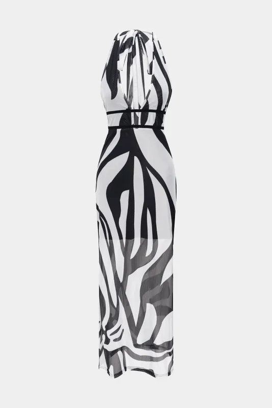 Zebra Stripe Print Mesh Halter Neck V-Neck Backless Tie-Up Sleeveless Maxi Dress sold by Micas