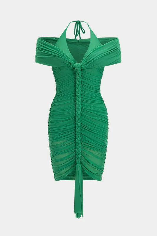 Mesh Off Shoulder Braided Ruched Halter Neck V-Neck Midi Dress sold by Micas