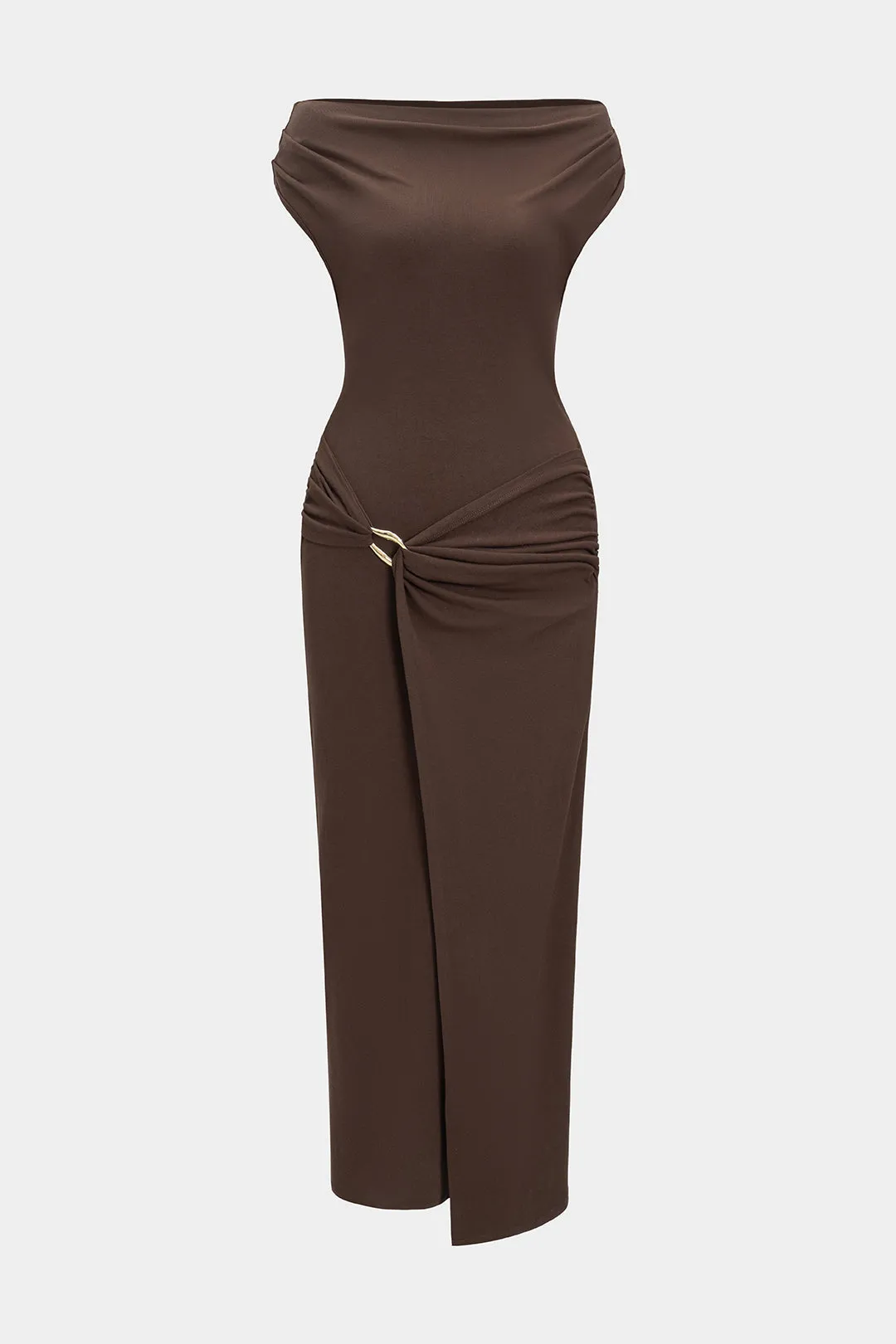 Metallic Decor Asymmetrical Ruched Maxi Dress sold by Micas