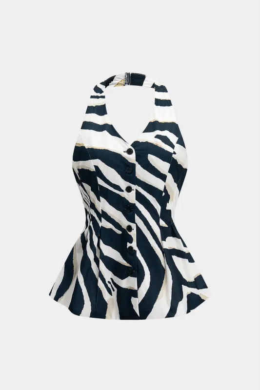 Kontrast Stripe Print -knap Rygfri halterhalsvest sold by Micas