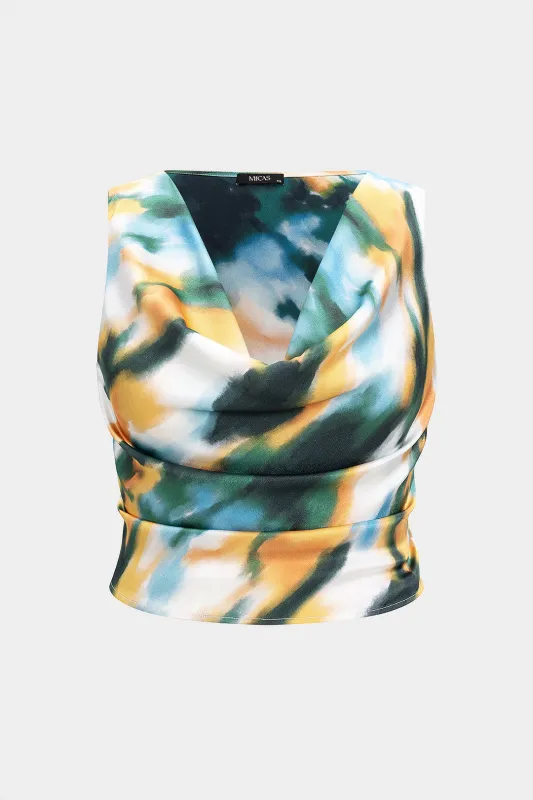 Plus Size Abstract Print Satin Ruched Tank Top sold by Micas
