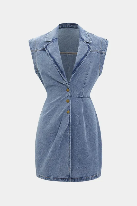 Denim Button Ruched V-neck Sleeveless Mini Dress sold by Micas