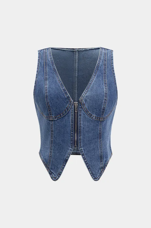 Denim lynlås v-hals afgrøde top sold by Micas
