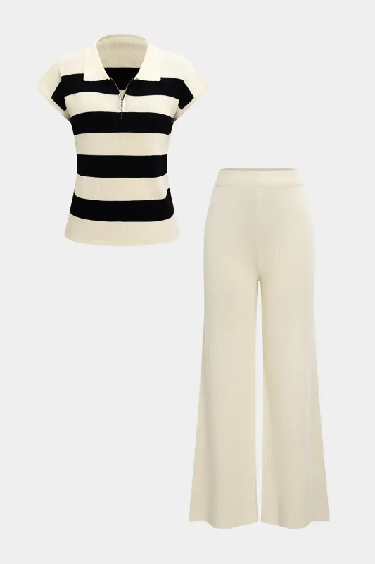 Knit Zipper Contrast Tank Top And Trousers Set made by Micas