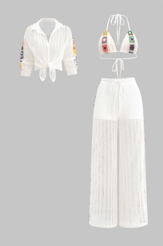 Contrast Hollow Out Sheer Three-Pieces Bikini Set sold by Micas