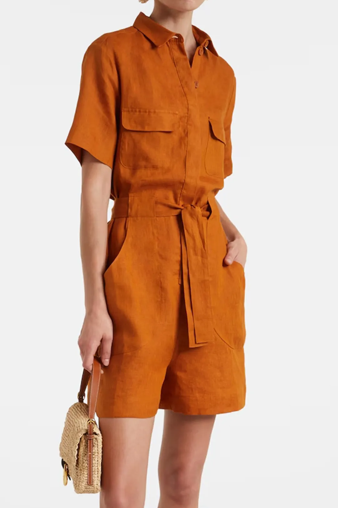 Linned knap lomme sammenbinding kortærmet romper sold by Micas product image thumbnail 2