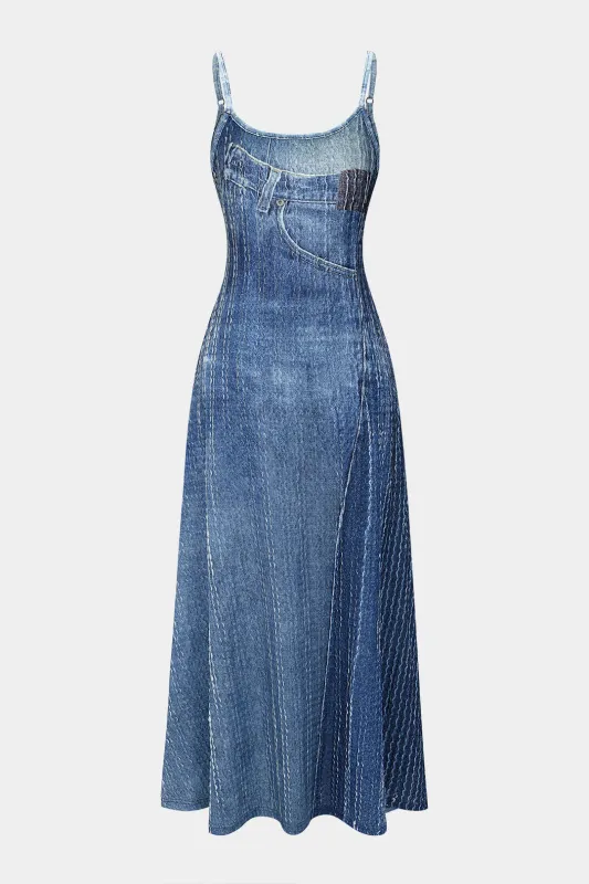 Denim print slip ærmeløs maxi kjole sold by Micas