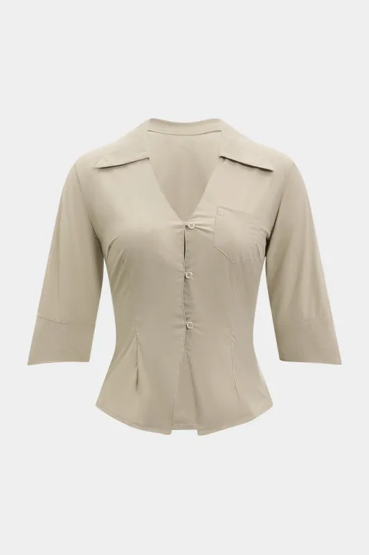 Linned V-Neck Button Pocket Shortærme shirt sold by Micas