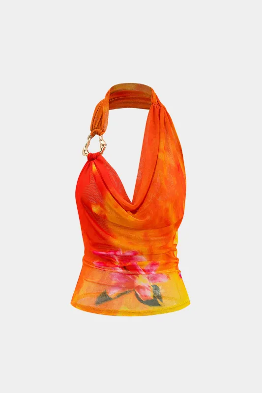 Blomsterprint Mesh Asymmetrical Ruched Cami Top sold by Micas