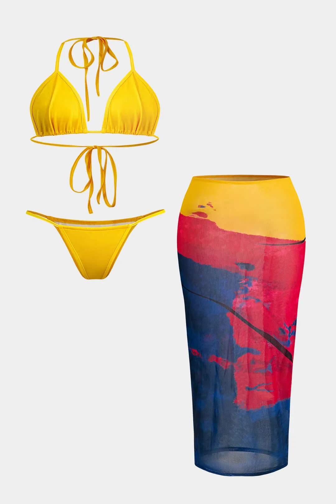 Plus størrelse abstrakt farveblok print mesh bikini sæt sold by Micas