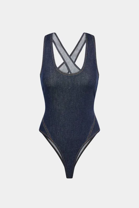 Crossed Denim Sleeveless Bodysuit sold by Micas