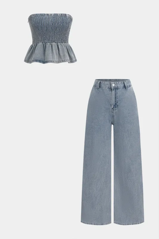 Denim Shirred Ruched Tube Top and Jeans Set sold by Micas