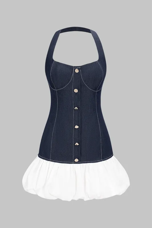 Denim Backless Button Halter Neck Patchwork Sleeveless Dress sold by Micas