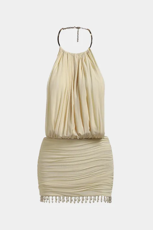 Mesh Halter Neck Pearl Decor Ruched ærmeløs mini kjole sold by Micas