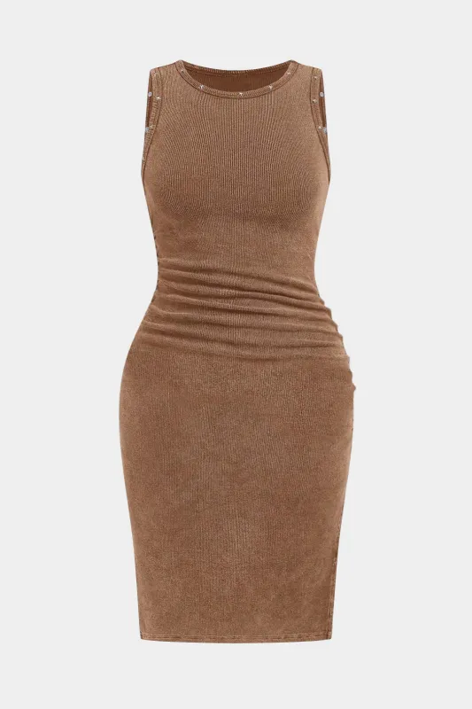 Plus Size Ruched Sleeveless Slit Midi Dress sold by Micas