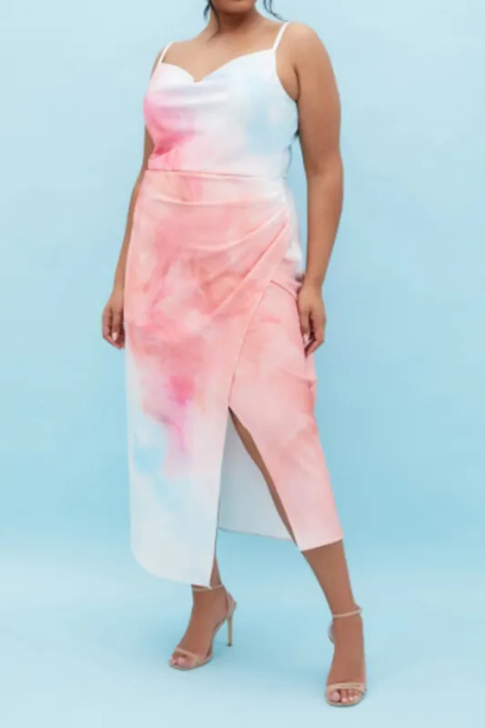 Plus Size Ombre Print Cowl Neck Ruched Sleeveless Slit Midi Dress sold by Micas