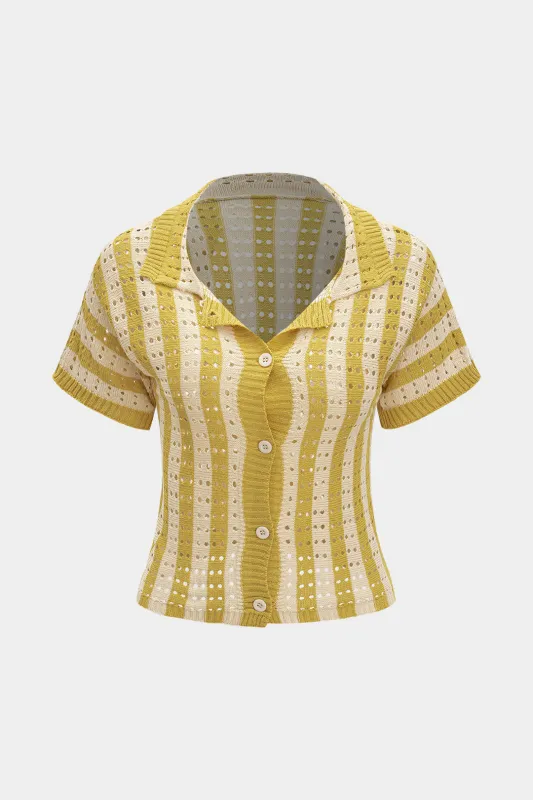 Strik kontrast stribe hule ud kort ærmet top sold by Micas