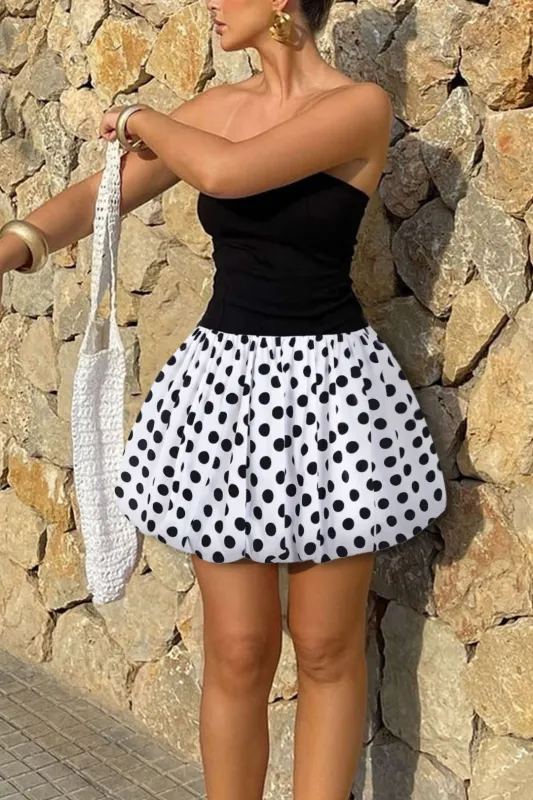 Retro Polka Dots Print Patchwork Ruched Strapless Sleeveless Mini Dress sold by Micas