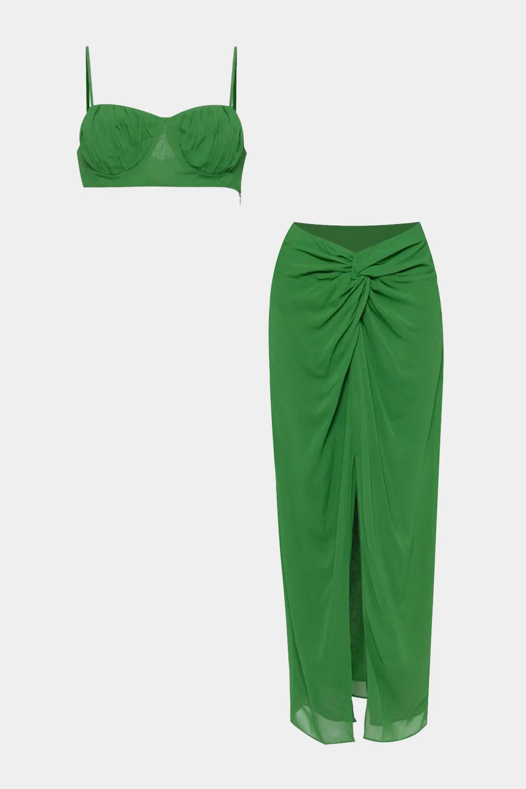 Slip Ruched Crop Top And Twist Knot Slit Skirt Set sold by Micas