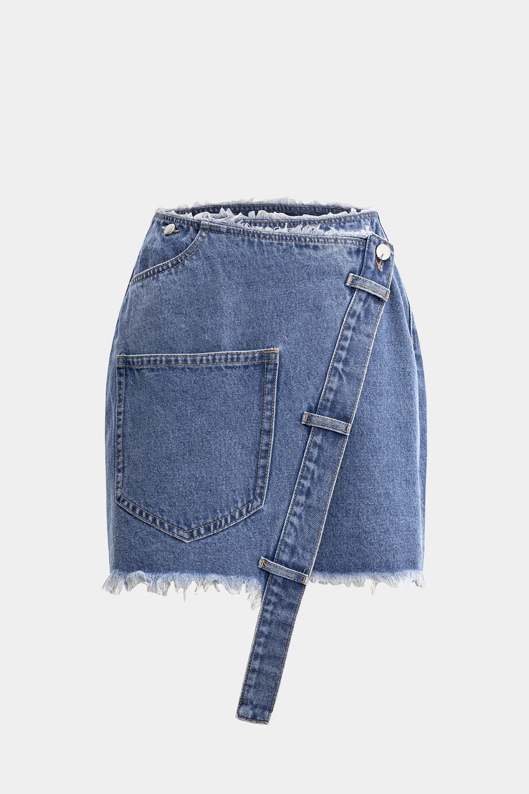 Denim asymmetrisk lomme flosset nederdel sold by Micas