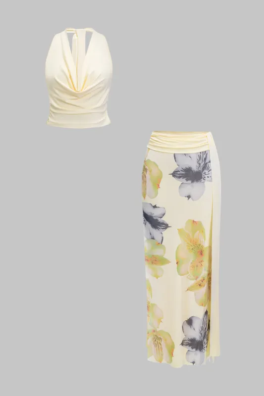 Cowl Neck Tank Top og blomsterprintskørt 3pc sæt sold by Micas