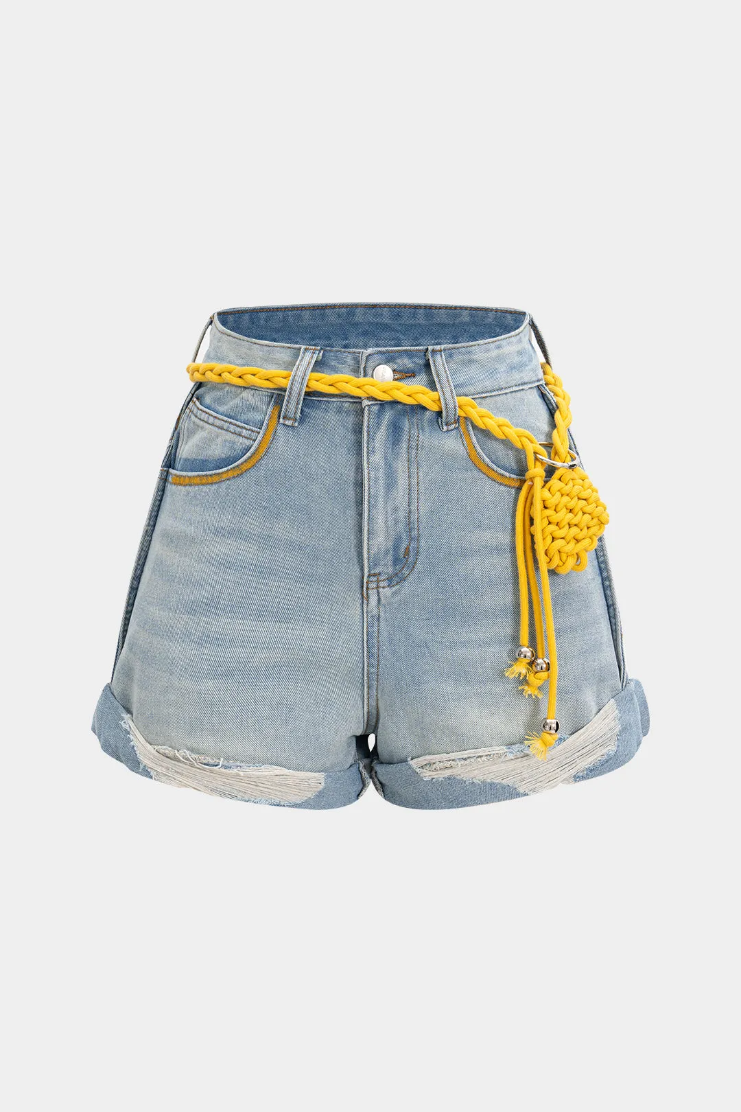 Denim høj talje bælte brede benshorts sold by Micas