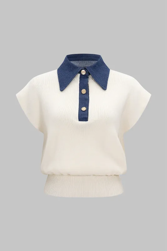 Strik knap patchwork kortærmet top sold by Micas