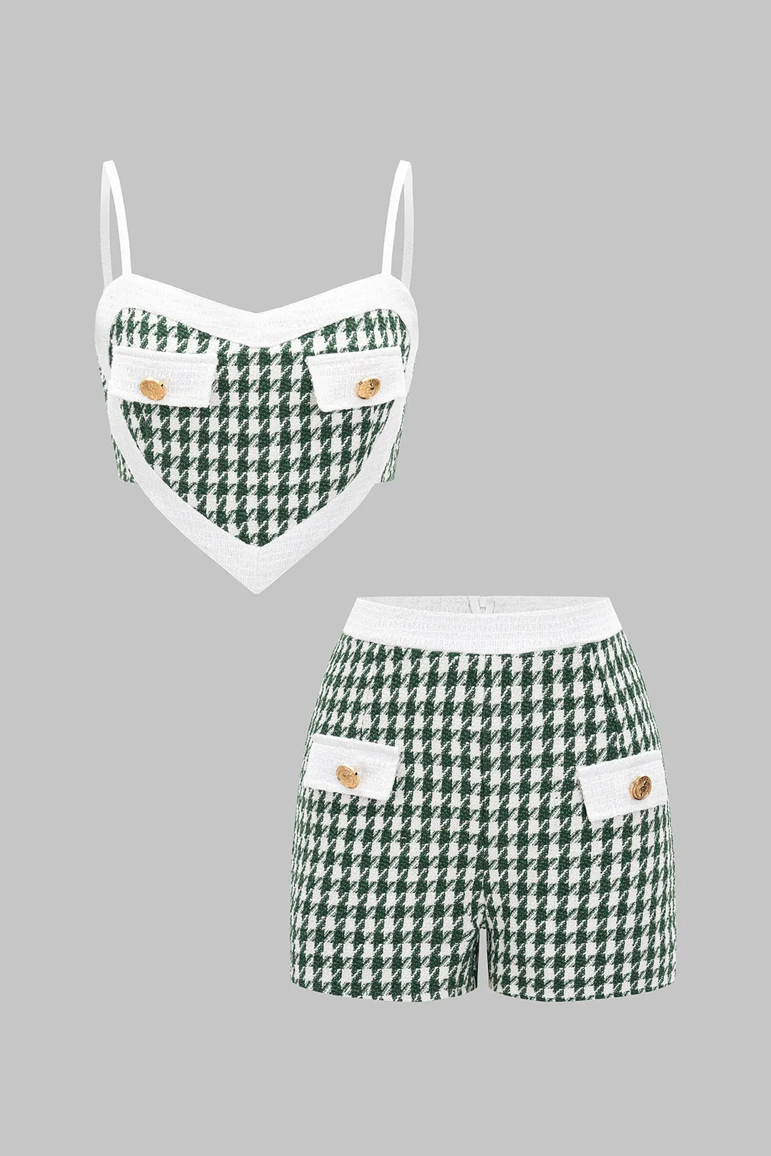 Houndstooth Print Metallic Button Fake Pocket Cami Top and Shorts Set sold by Micas