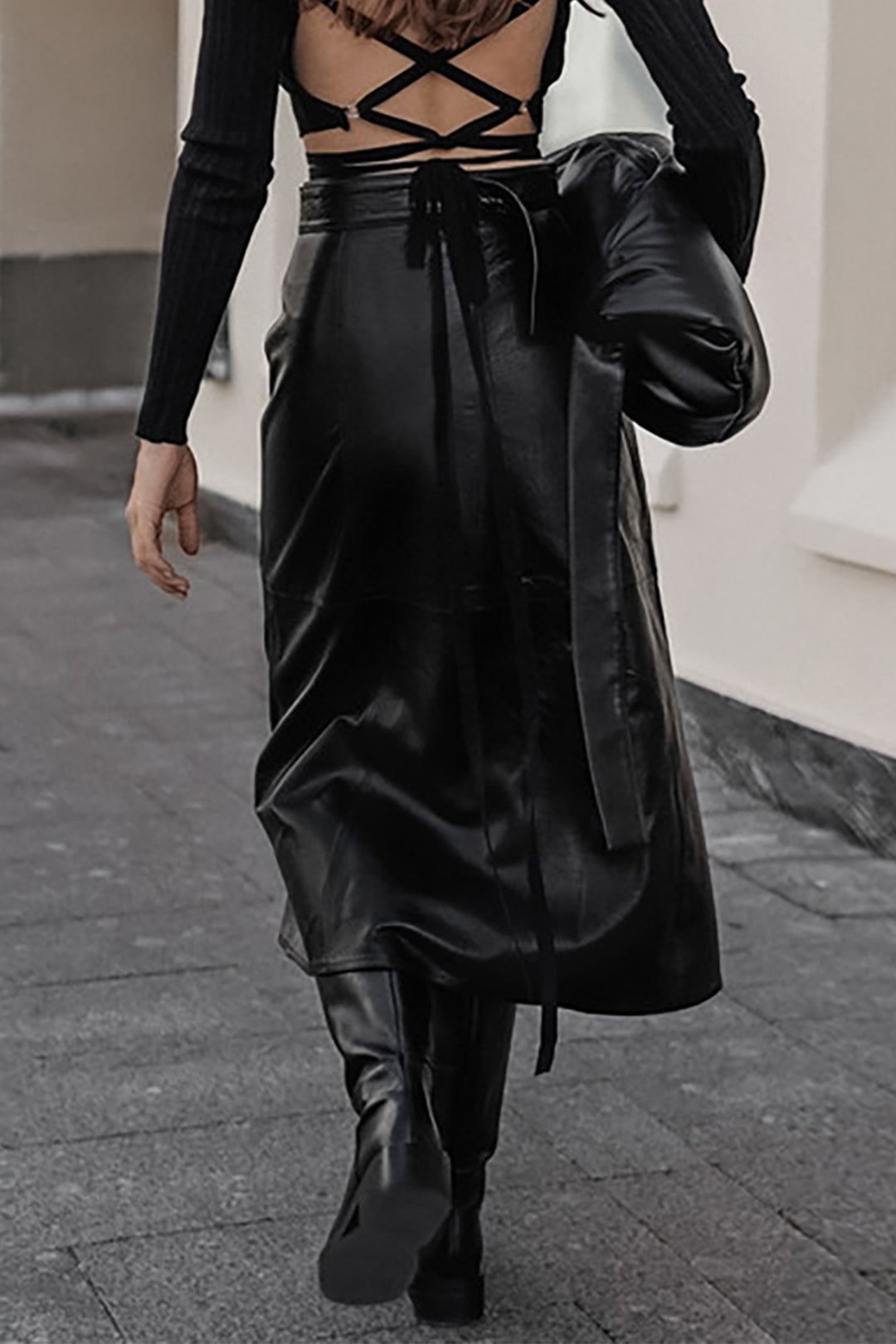 Faux Leather Wrap Split Midi Skirt sold by Micas product image thumbnail 2