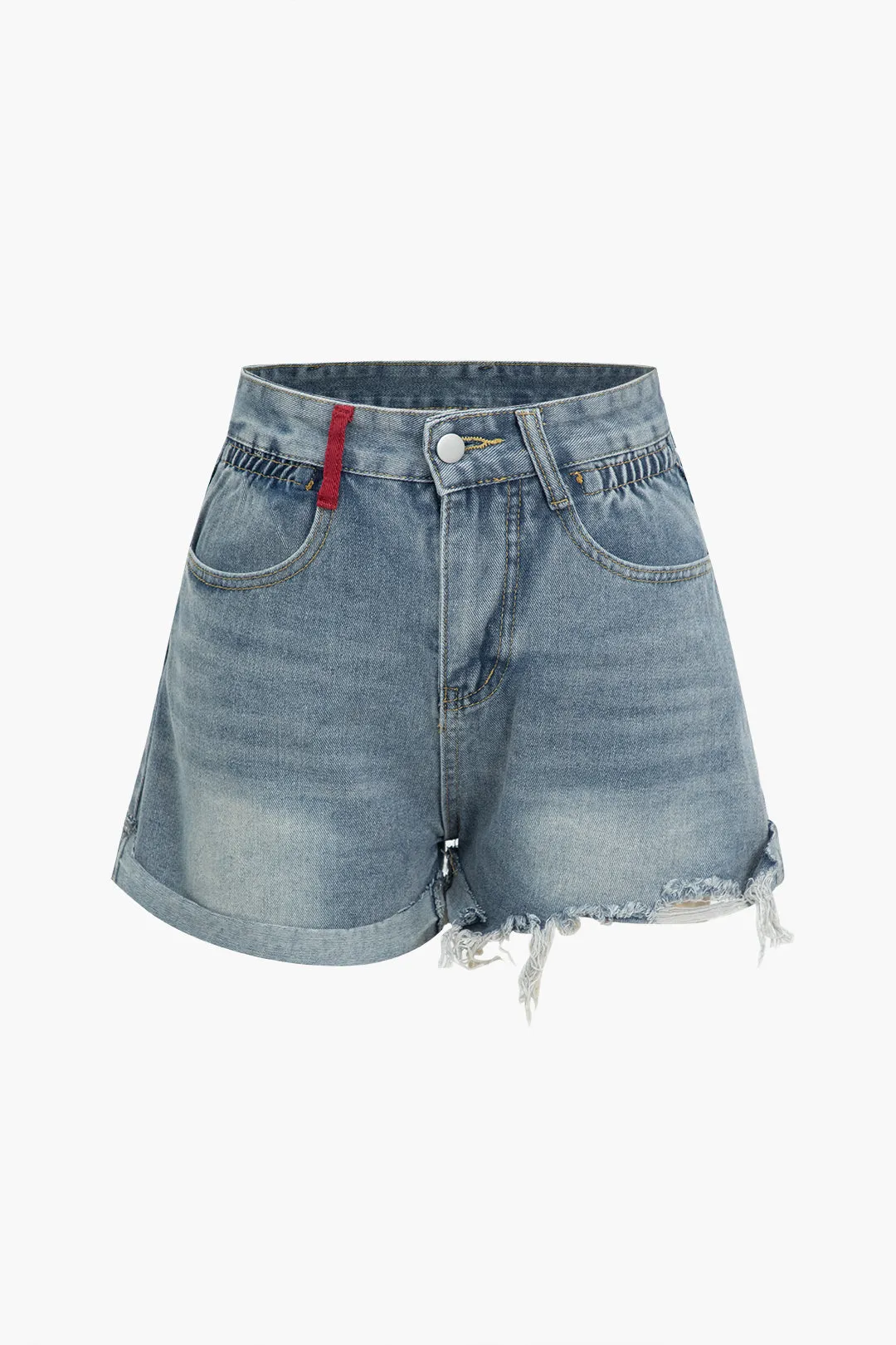 Farveblok vaskede denimshorts sold by Micas