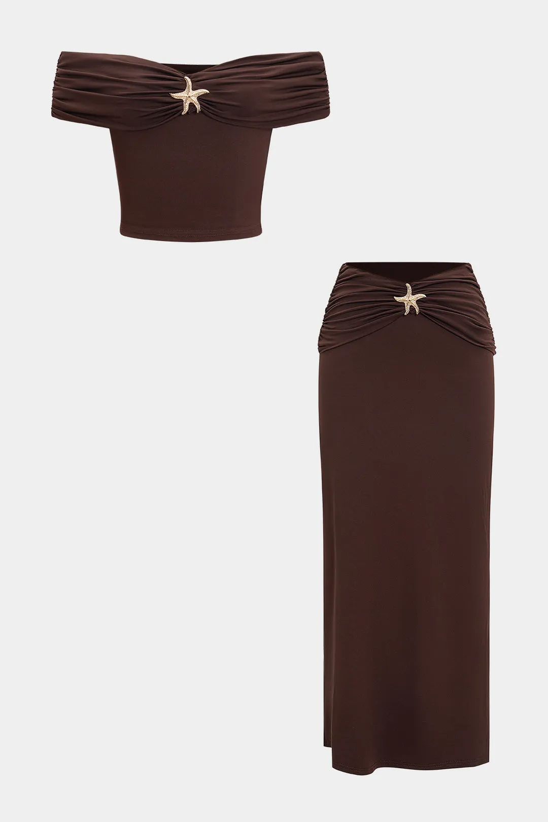 Metallic Decor Ruched Off Shoulder Tank Top And Skirt Set sold by Micas