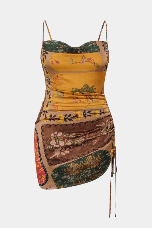Plus Size Bohemian Print Cowl Neck Ruched Sleeveless Mini Dress sold by Micas
