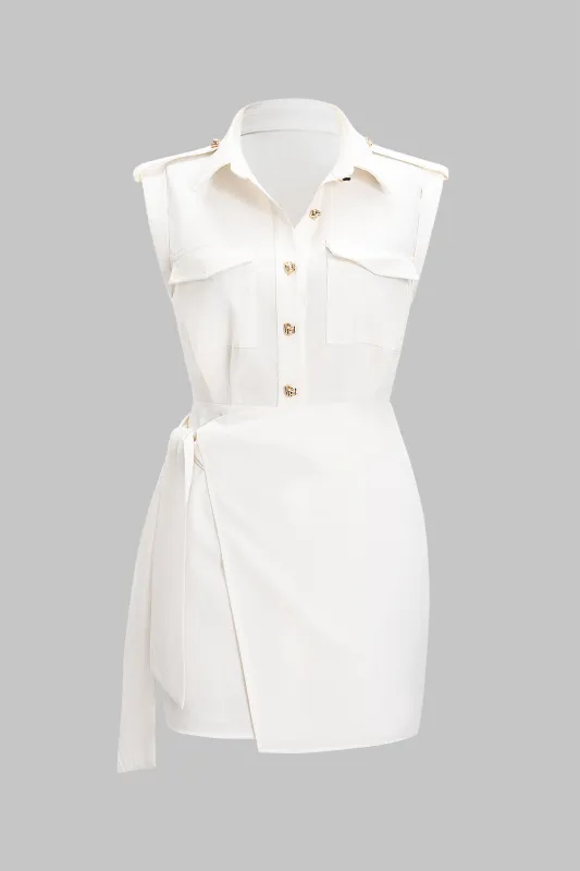 Linen Tie-Up Metallic Button Pocket Sleeveless Mini Dress sold by Micas