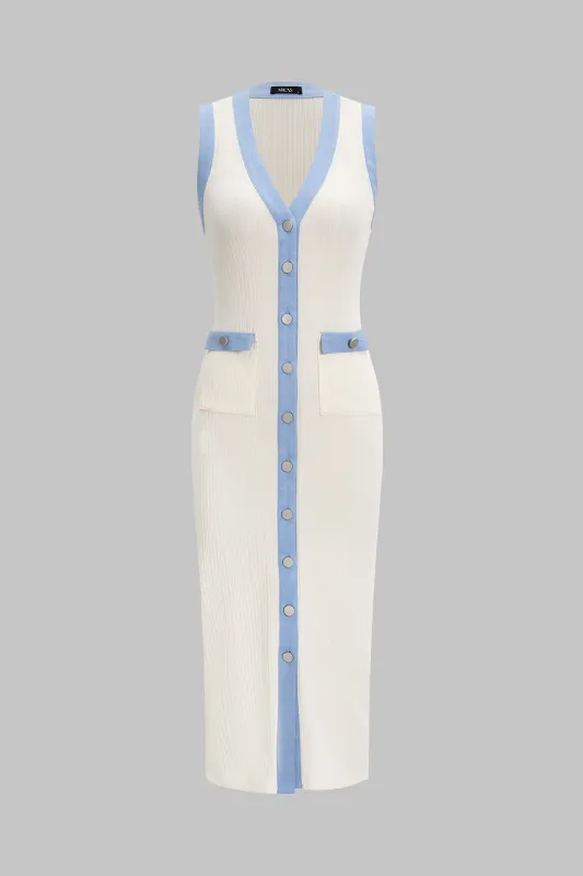 Denim Button Contrast Binding Sleeveless Midi Dress sold by Micas