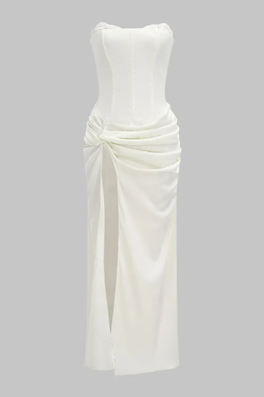 Satin Side Slit Strapless Sleeveless Twist Knot Midi Dress sold by Micas