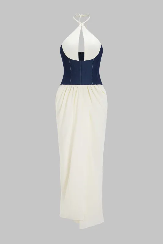 Denim Patchwork Halter Neck Sleeveless Maxi Dress sold by Micas