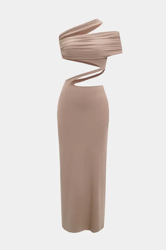 Slit Cut Out Asymmetrical Sleeveless Ruched Maxi Dress sold by Micas