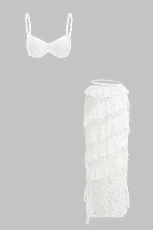 Lace Backless Braided Crop Top And Ruffle Skirt Set sold by Micas