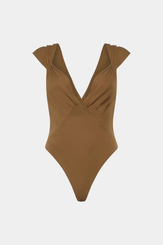 Ruched V-Neck Backless Sleeveless Bodysuit sold by Micas