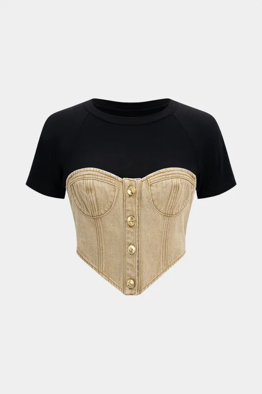 Denim Patchwork Short Sleeve T-Shirt sold by Micas